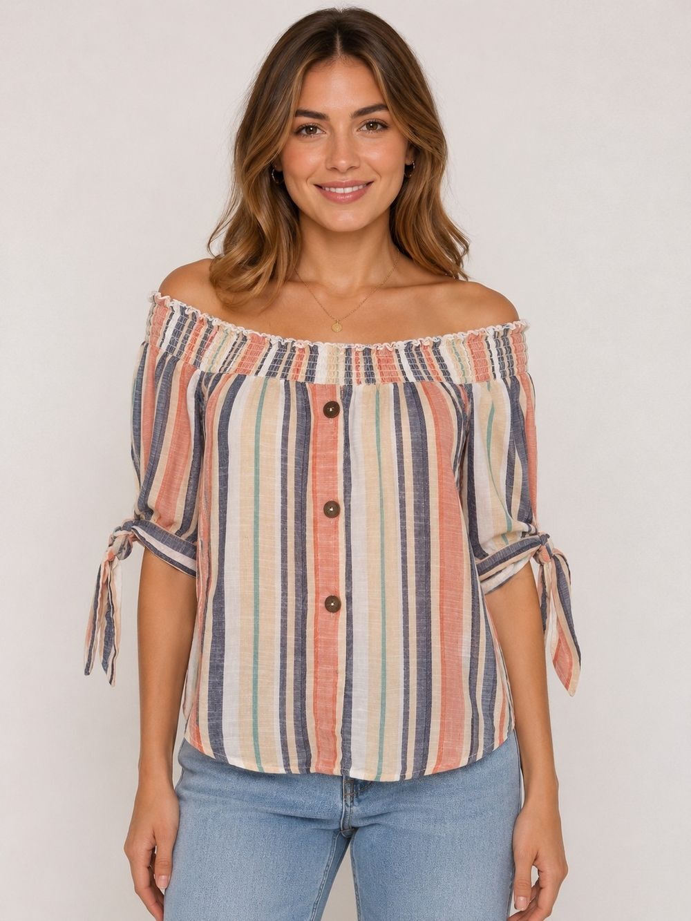 There in heart Striped Off Shoulder Peasant Blouse Sz L Boho Cotton Peasant